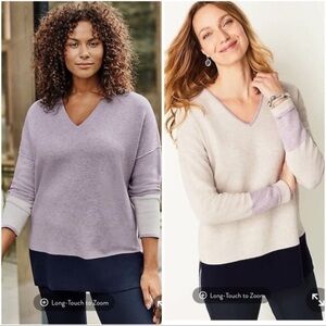 J Jill Reversible V-Neck Color Block Sweater Heather Beige Lavender Medium